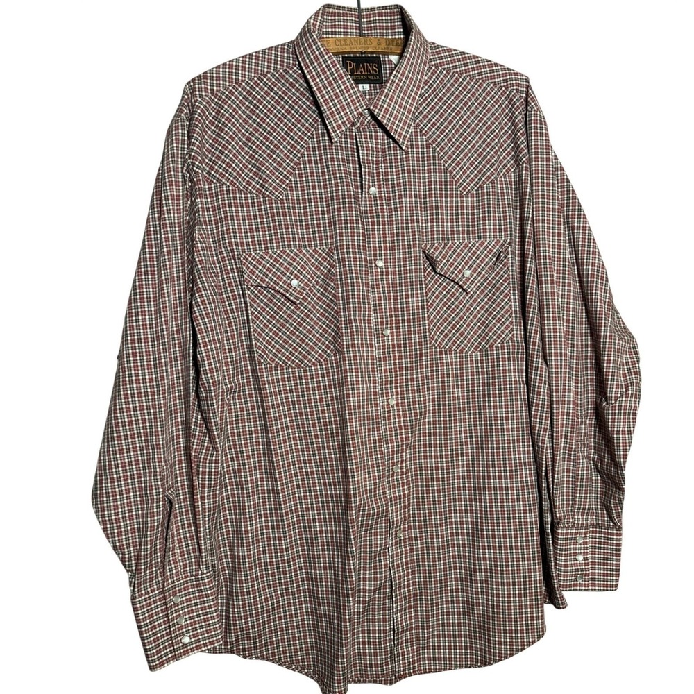 Plains Western Wear Mens Large Red Plaid Pearl Snap Long Sleeve Western Shirt